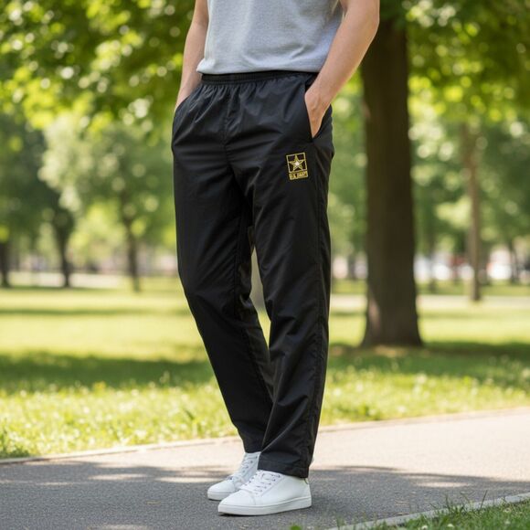 Vintage US Army Nylon Track Pants Large Black Elastic Waist Side Ankle Zip - Picture 1 of 6